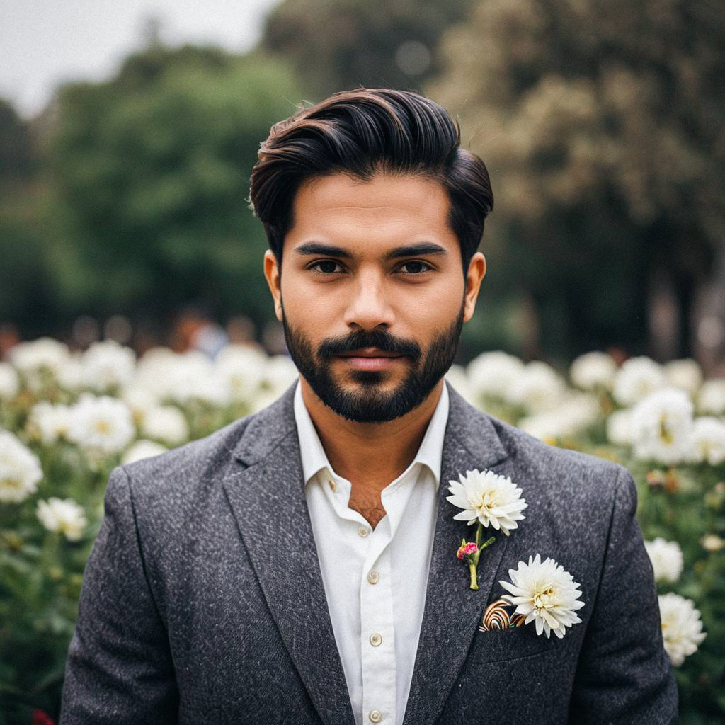 Dapper Indian Man in Gray Suit with White Flowers