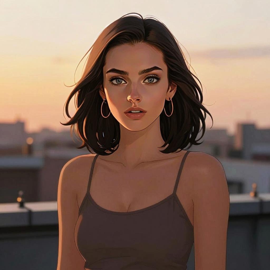 Digital Portrait of Young Woman at Sunset in Semi-Realistic Style