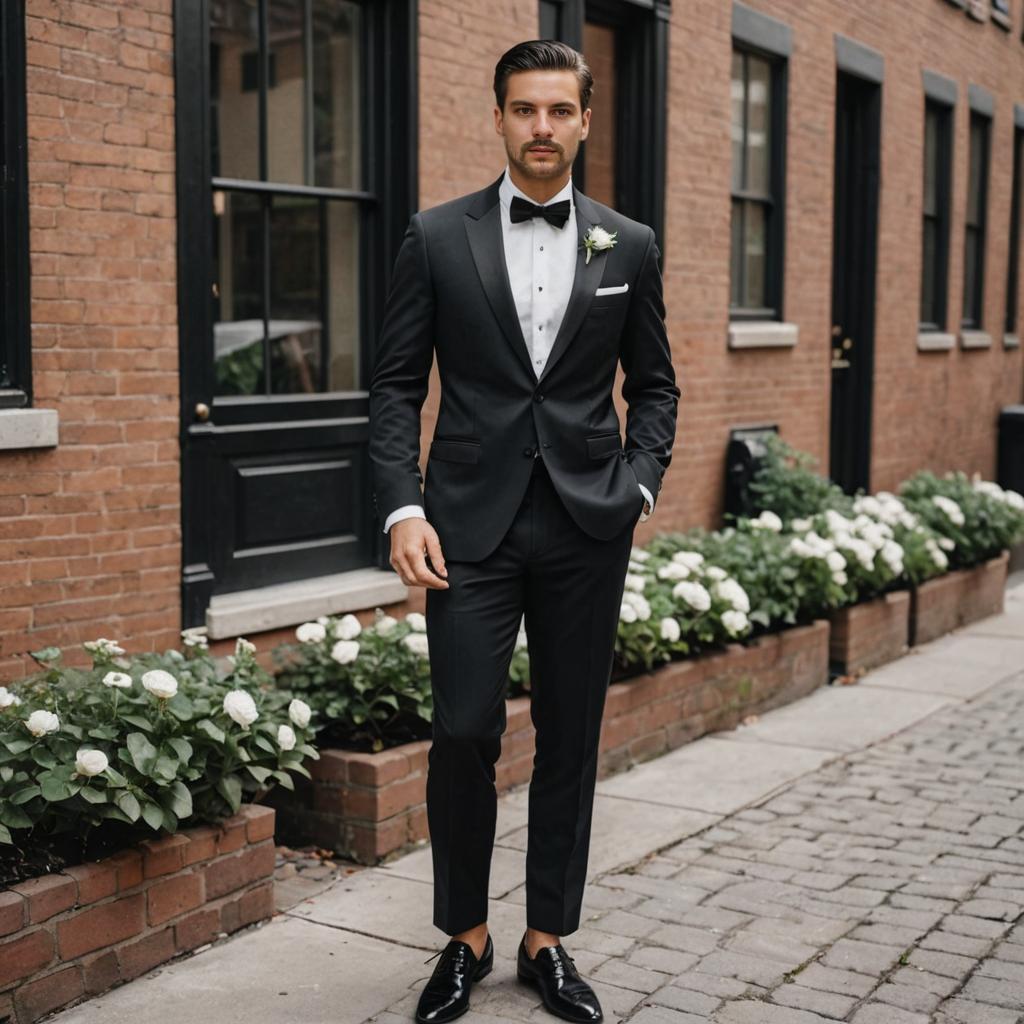 Elegant Man in Black Suit with Bow Tie in Urban Setting