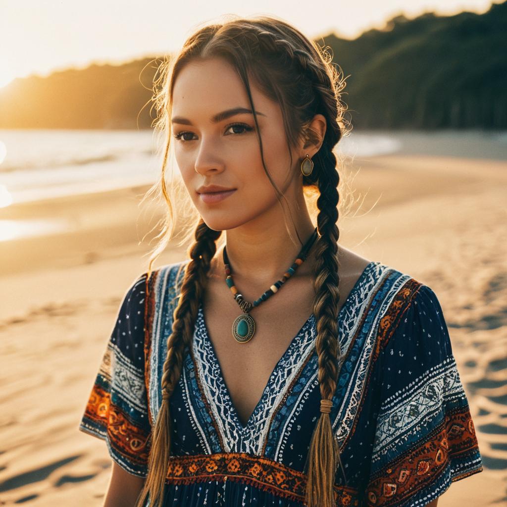 Bohemian Woman with Braids on Sunlit Beach at Golden Hour