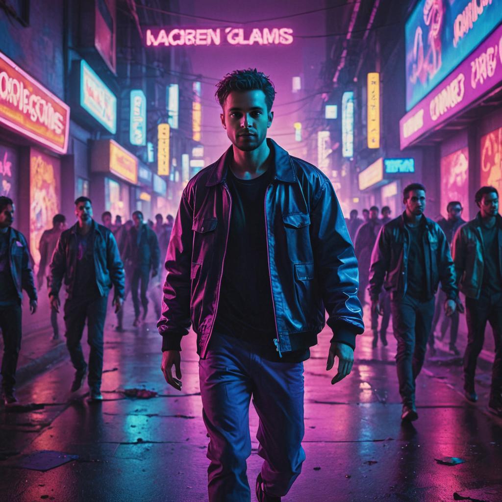 Man walking confidently on neon-lit urban street at night