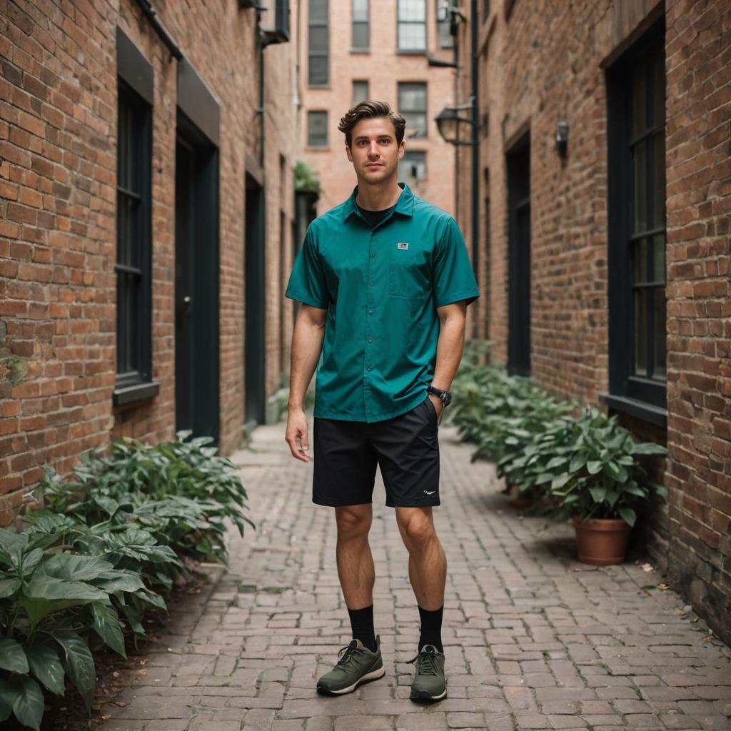 Confident Man in Casual Sportswear Walking Down Alley