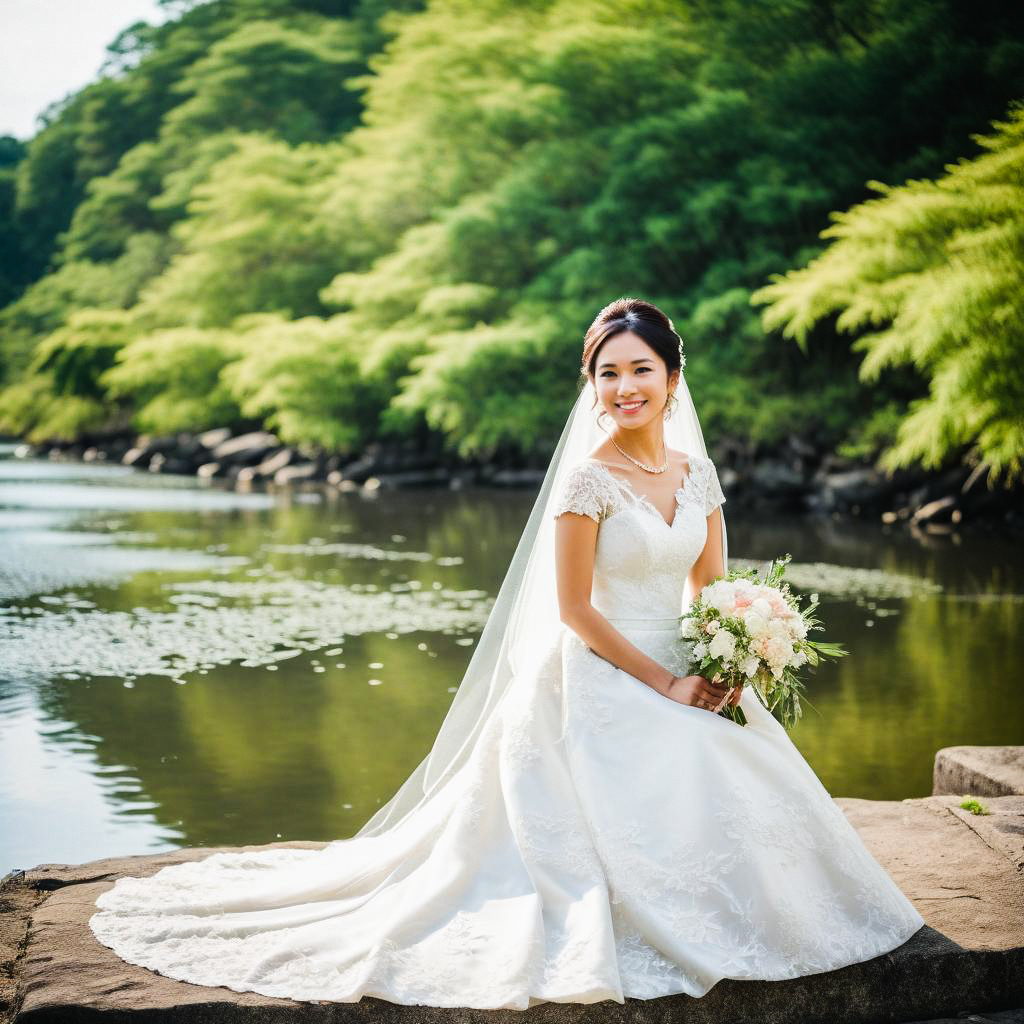 Radiant Bride in Lace Gown by Tranquil River