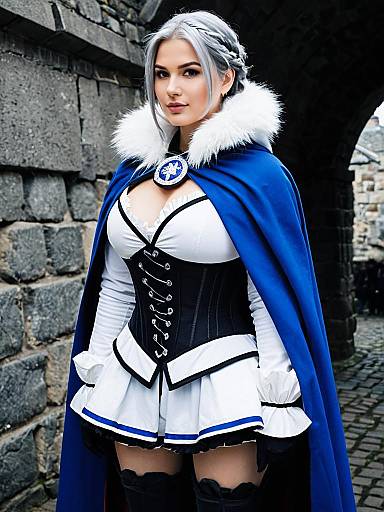 Fantasy Costume Woman at Akershus Fortress with Blue Cape and Corset
