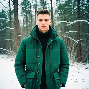 Young Man in Green Jacket in Snowy Forest