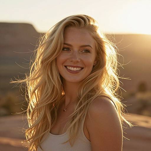 Blonde Woman Smiling Outdoors in Golden Hour Light