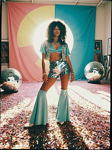Retro Disco Style Woman in Sparkling Outfit with Flared Pants and Disco Balls