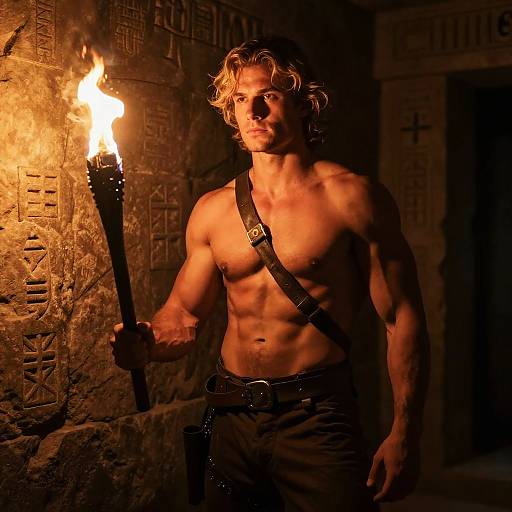 Shirtless Adventurer Holding Torch in Ancient Stone Chamber