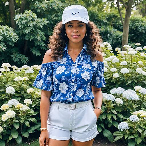 Confident Woman in Blue Floral Blouse and White Shorts in Garden