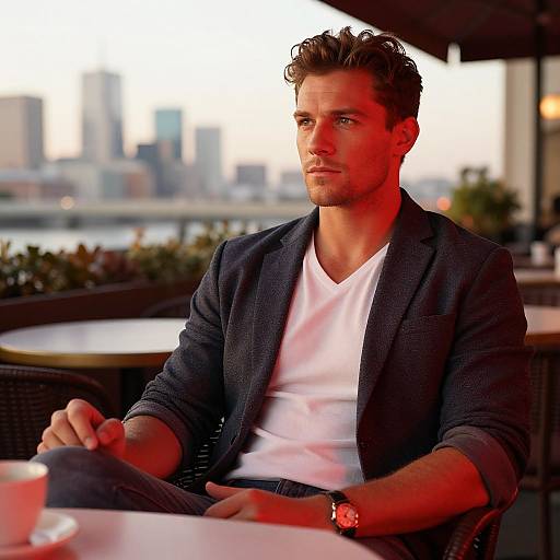 Thoughtful Young Man Sitting at Outdoor Café with City Skyline