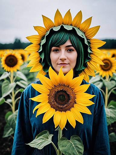 Whimsical Woman in Sunflower Costume Holding Sunflower in Field Photorealistic Cosplay