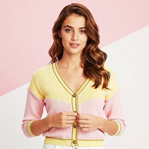 Young Woman Wearing Yellow and Pink Knitted Cardigan Fashion Portrait
