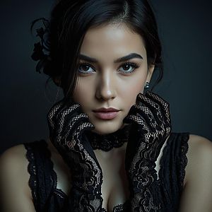Elegant Woman in Black Lace Gloves Portrait