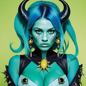 Portrait of a Woman with Blue Hair and Horns