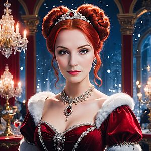 Regal Woman in Red Velvet Gown