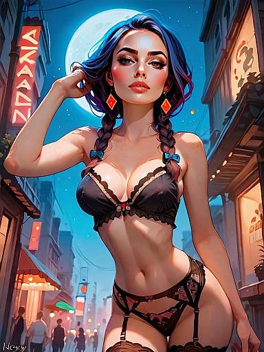 Stylized Digital Illustration of Woman in Black Lingerie at Night Cityscape