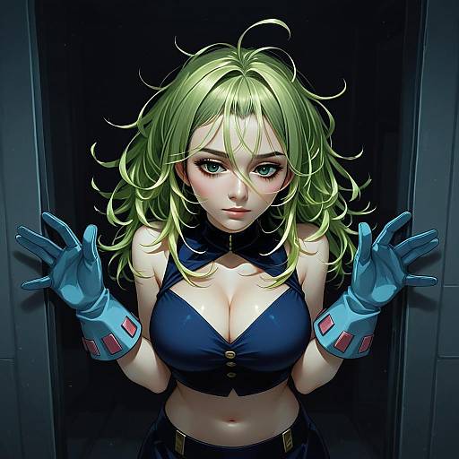 Anime Style Illustration of Green-Haired Woman in Dark Blue Outfit