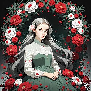Young Woman in Vintage Green Dress with Roses