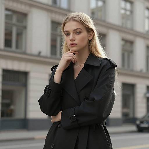 Young Woman in Black Trench Coat Urban Gen Z Fashion Portrait