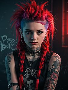 Portrait of a Punk Woman with Red and Blue Hair and Tattoos