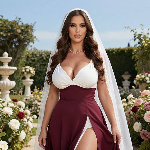 Elegant Woman in Bridal-Inspired Burgundy and White Dress with Veil in Rose Garden