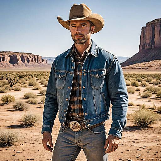 Western Cowboy in Denim Jacket Standing in Desert Landscape