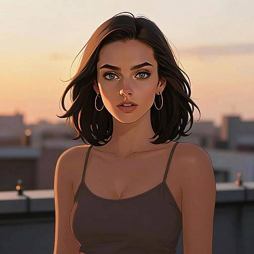 Digital Portrait of Young Woman at Sunset in Semi-Realistic Style