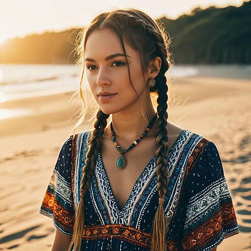 Bohemian Woman with Braids on Sunlit Beach at Golden Hour