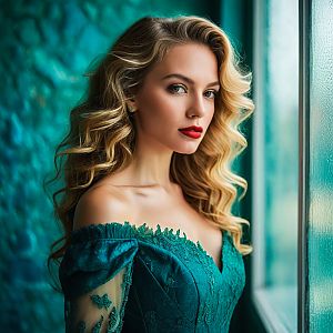 Woman in Teal Lace Dress by Window