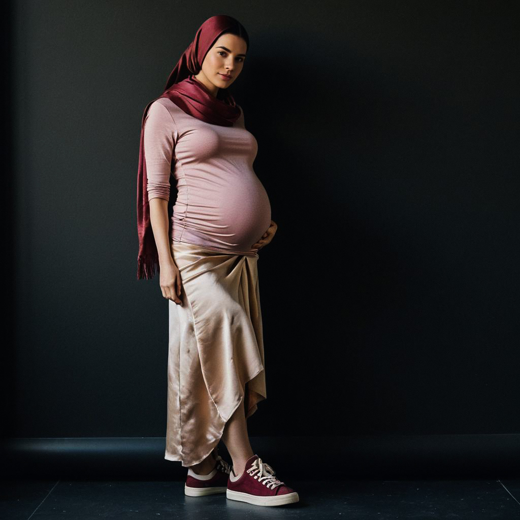 Pregnant Woman in Maroon Headscarf and Skirt