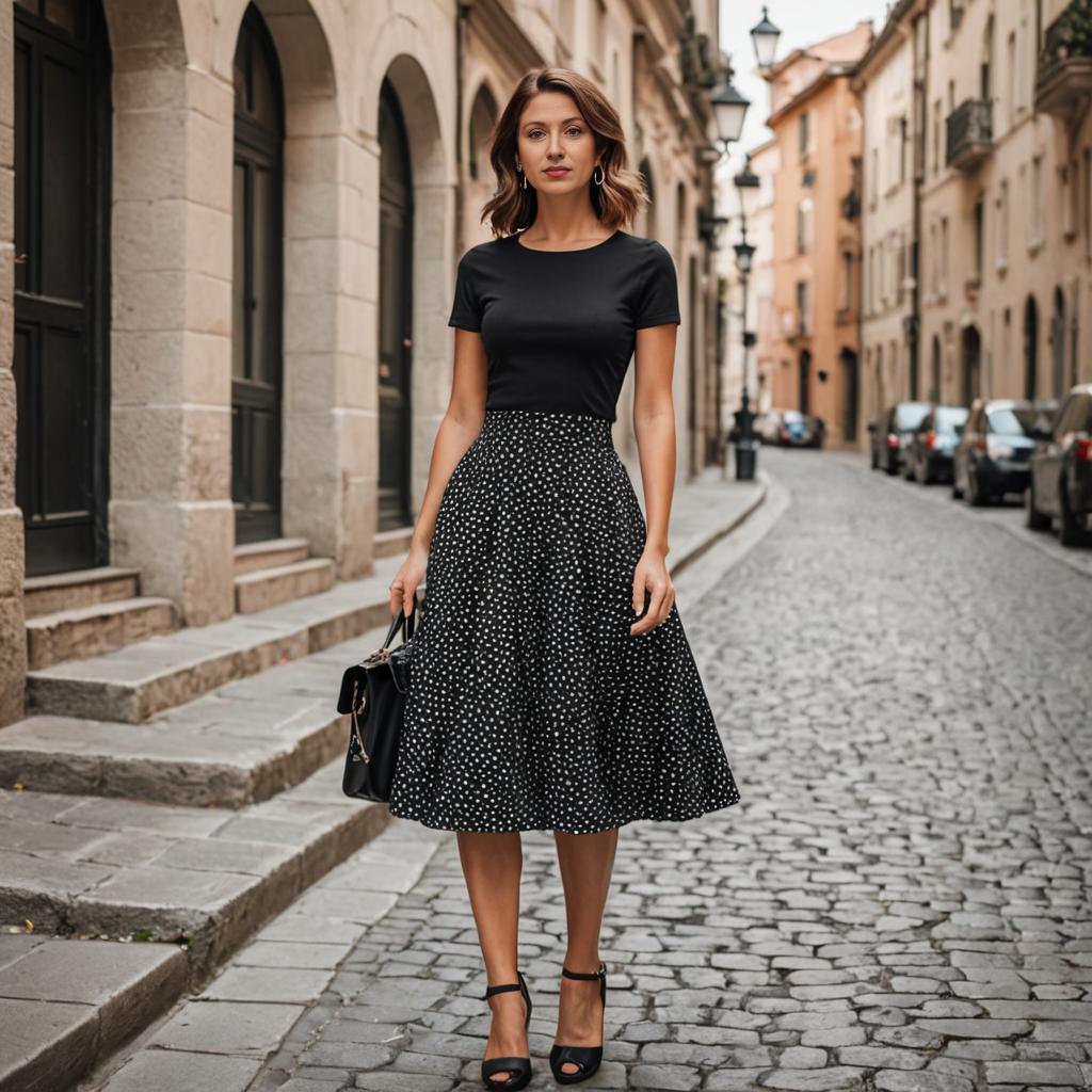 Elegant Woman in Polka-Dot Skirt on Cobblestone Street