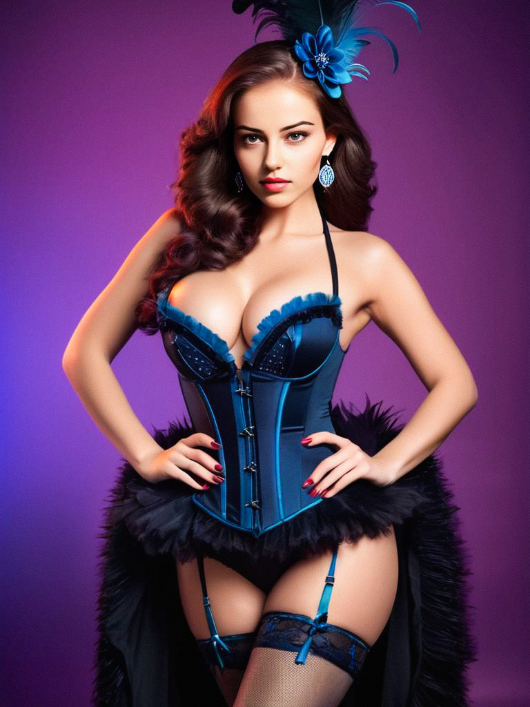 Glamorous Model in Blue Corset on Purple Background