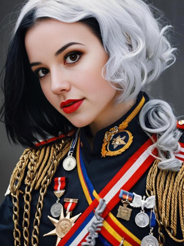 Woman in Elaborate Military Uniform with Half Black and White Hair