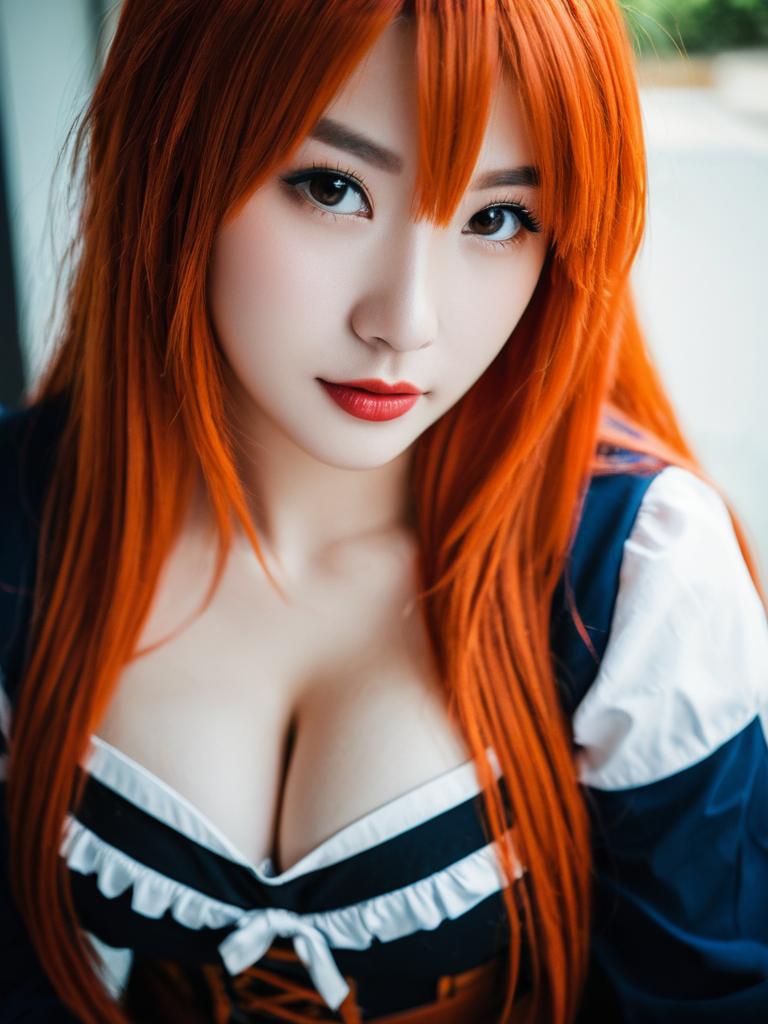 Amou Kanade Cosplay Portrait with Vibrant Orange Hair and Anime Style