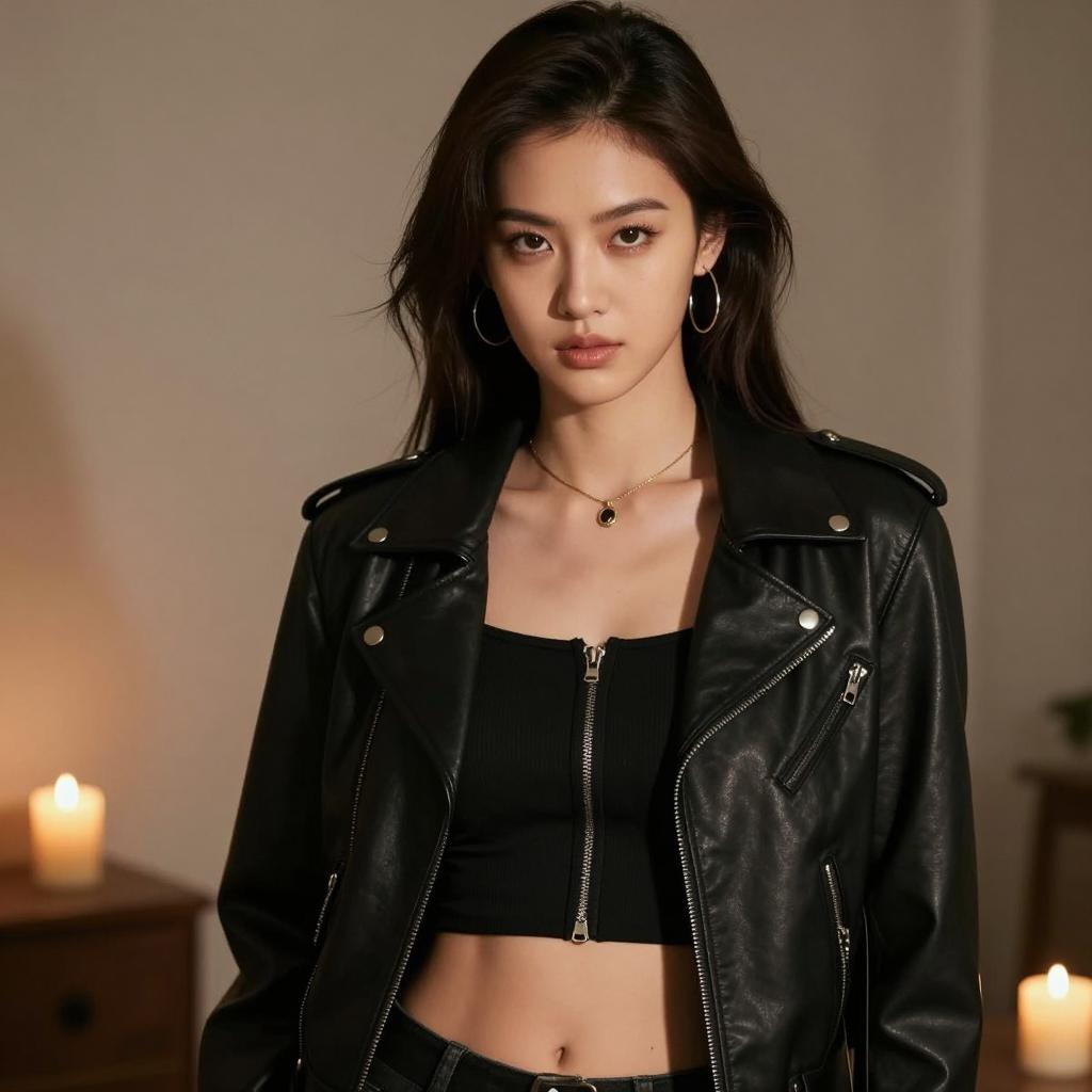 Fashionable Young Woman in Black Leather Jacket and Cropped Top