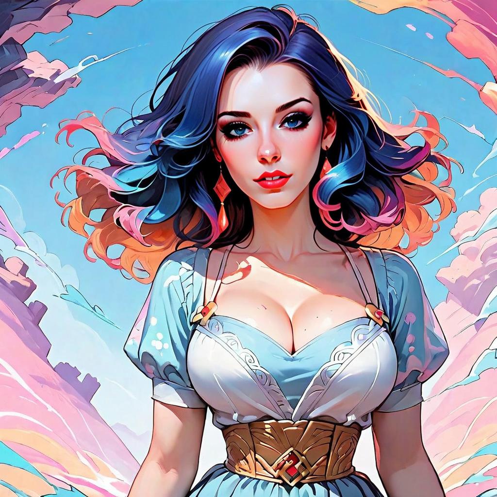 Fantasy Woman with Blue and Pink Hair in Vibrant Digital Artwork