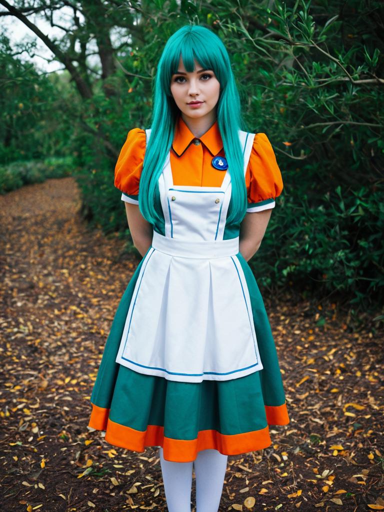 Woman in Vintage Style Dress with Teal Hair Standing on Forest Path