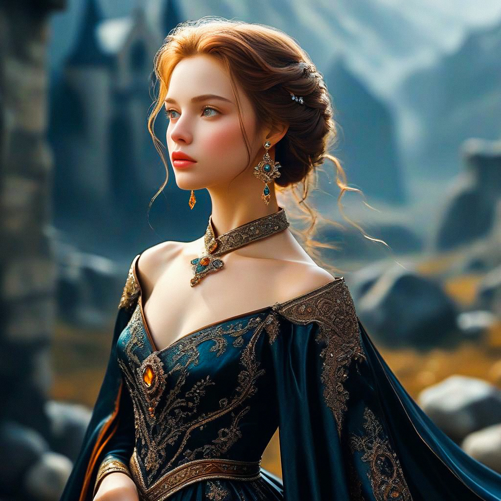 Regal Woman in Teal Gown Against Mountains Regal Woman in Teal Gown Against Mountains