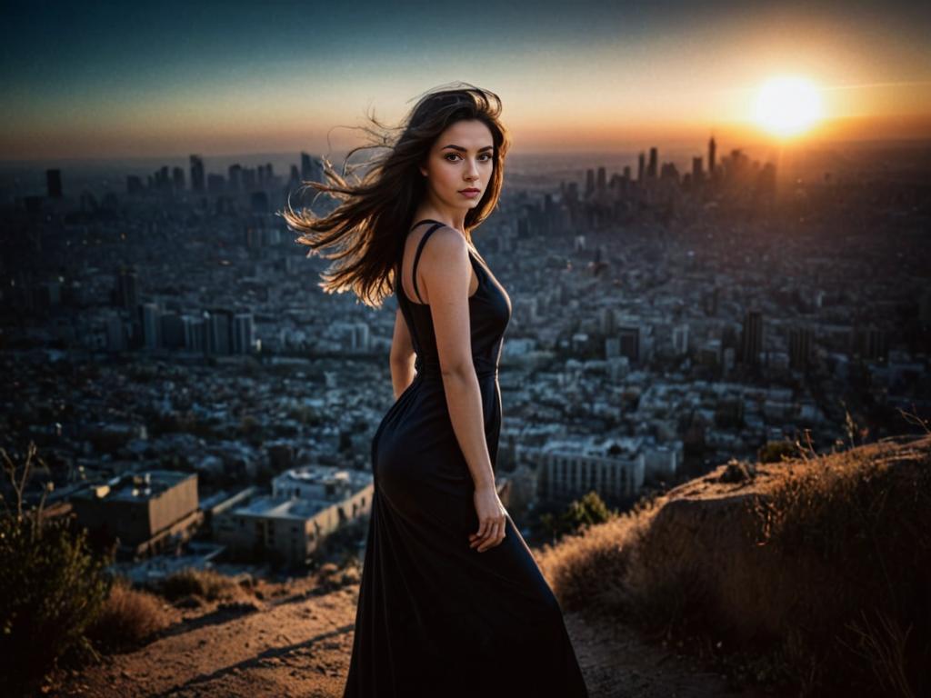 Woman in Black Dress Overlooking Urban Sunset