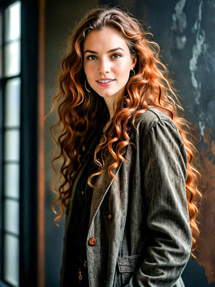 Confident Woman with Curly Red Hair in Vintage Outfit