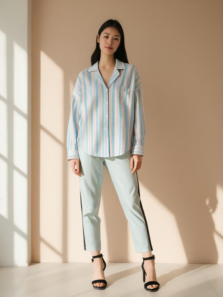 Woman in Contemporary Chic Oversized Light Blue Striped Shirt with Tailored Pants