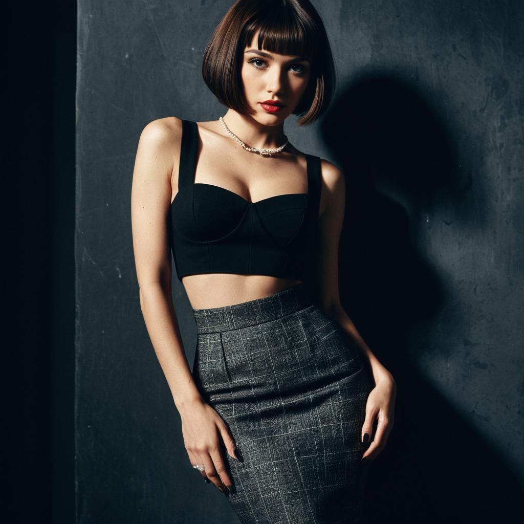 Stylish Woman in Black Crop Top and Plaid Skirt Stylish Woman in Black Crop Top and Plaid Skirt