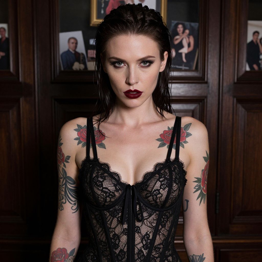 Woman in Black Lace Corset with Rose Tattoos and Dark Makeup