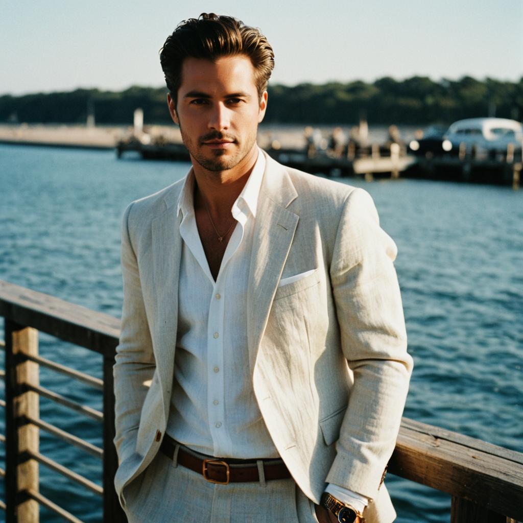 Stylish Man in Beige Linen Suit by Waterfront Pier
