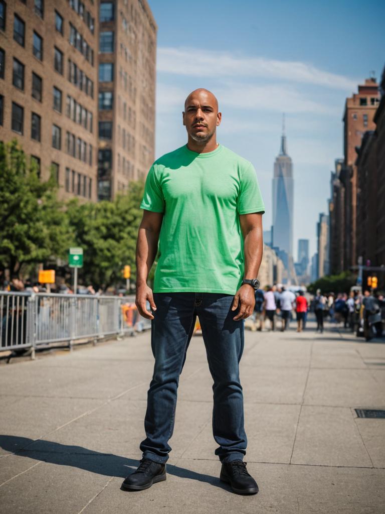 Confident Man in Green Shirt on Bustling City Street