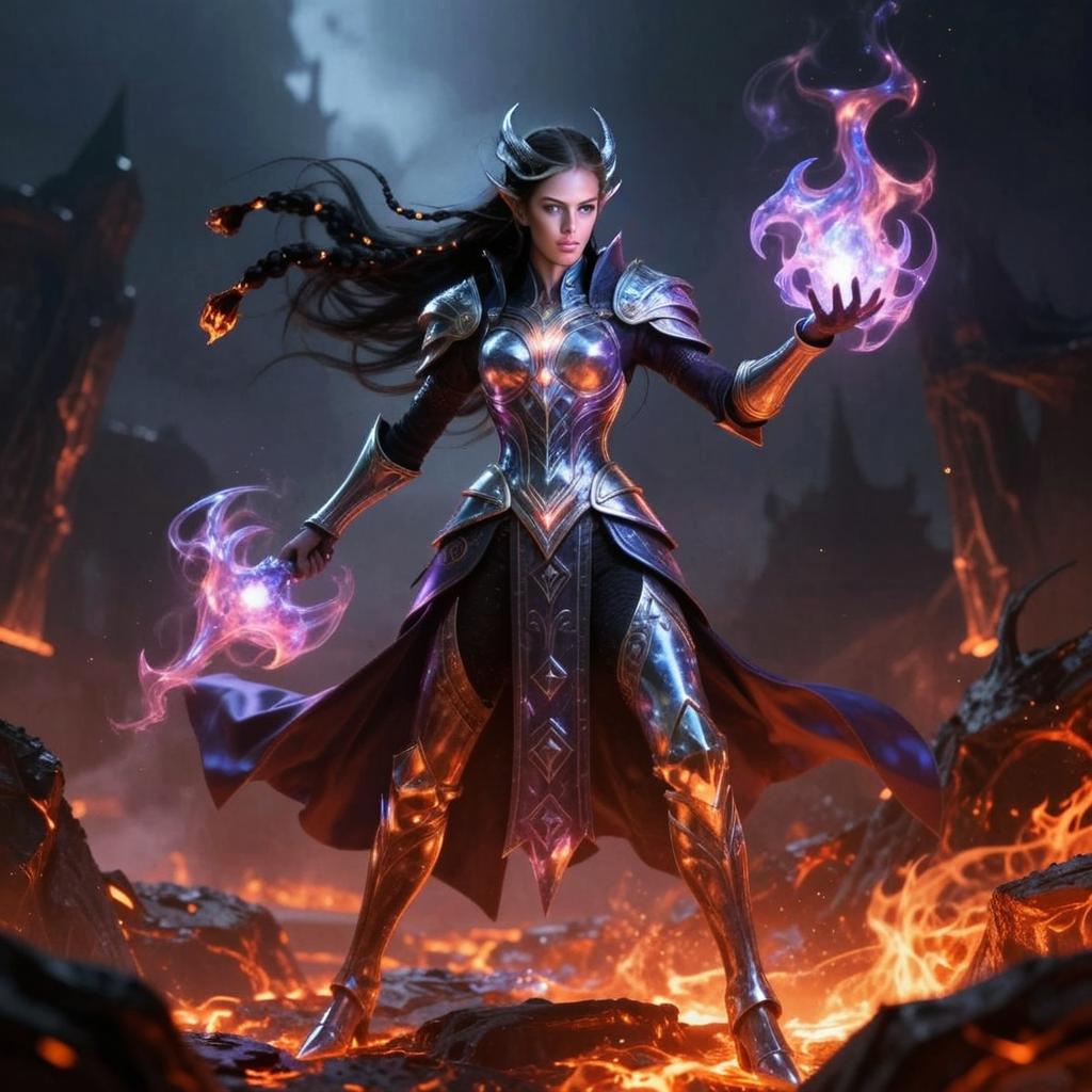 Epic Fantasy Woman Warrior in Magical Armor with Flames