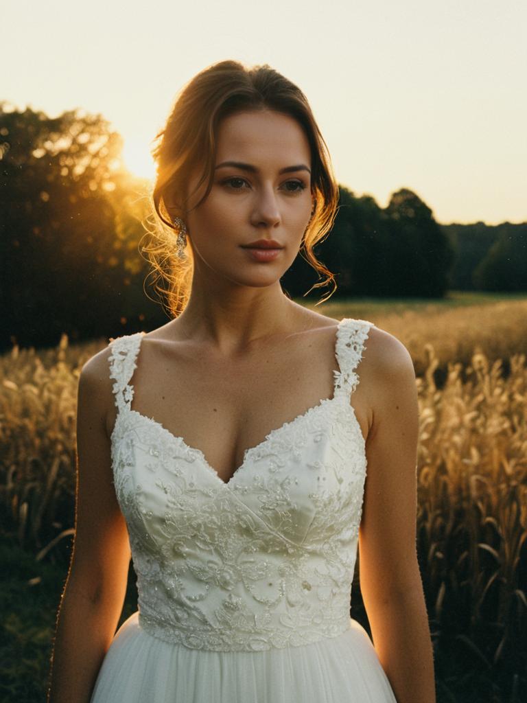 Woman in Lace Wedding Dress Outdoor Portrait at Golden Hour