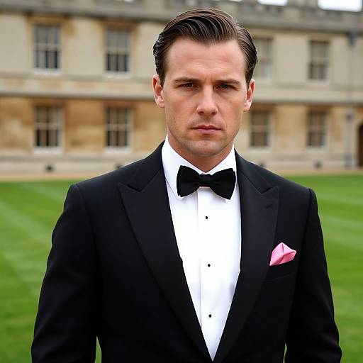 Man Wearing Classic Black Tuxedo with Pink Pocket Square Outdoors