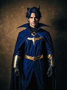 Man Cosplay Wearing Nights Character Costume with Blue Cape and Gold Accents
