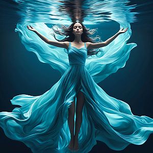 Woman Underwater in Flowing Blue Dress